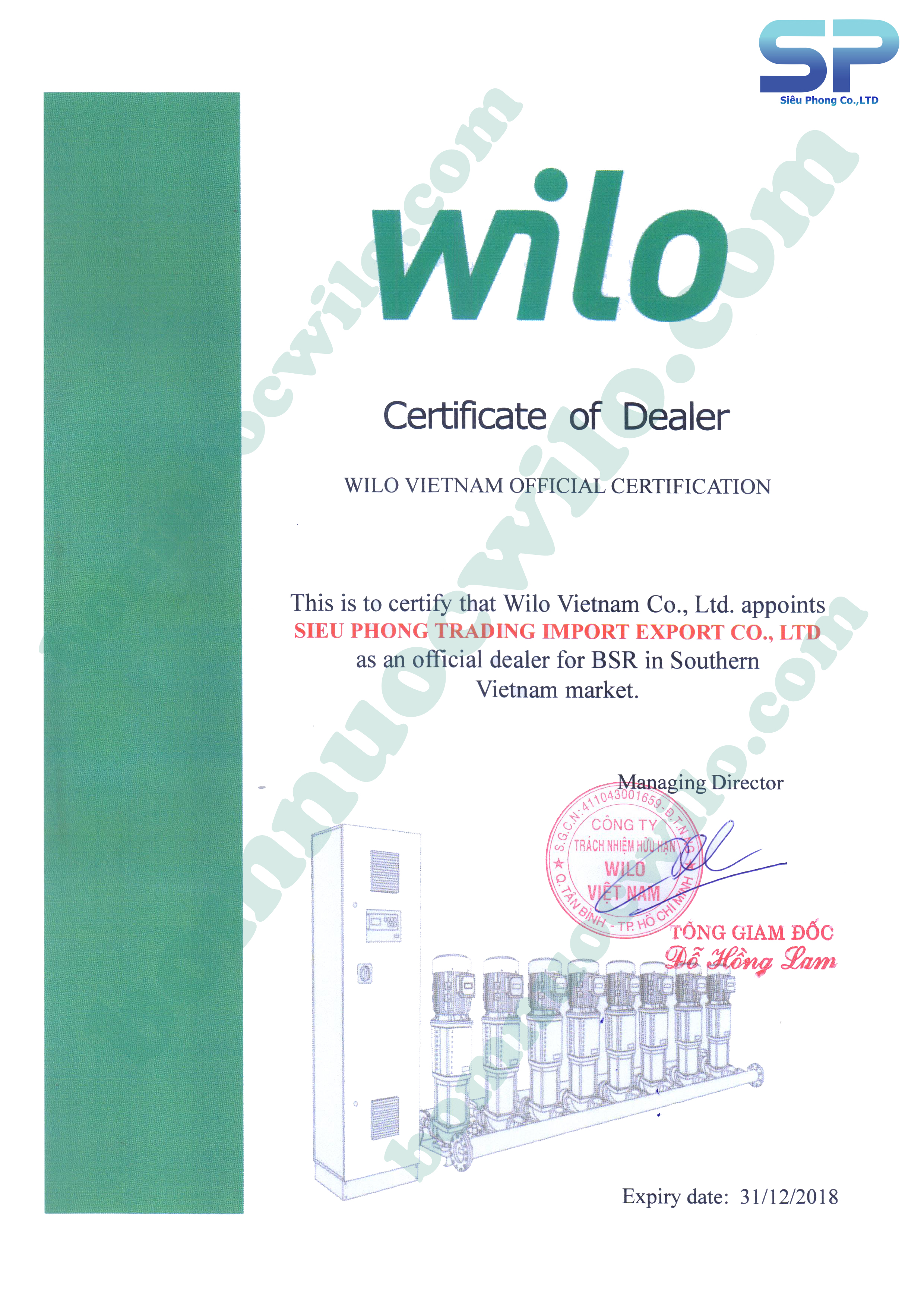 Chứng nhận nhà phân phối ủy quyền WILO 2018 Chứng nhận nhà phân phối ủy quyền WILO 2018