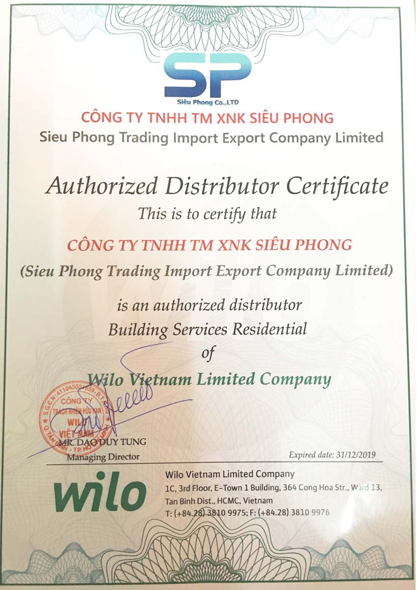 Chứng nhận nhà phân phối ủy quyền WILO 2019