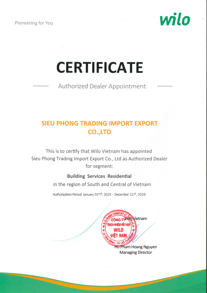 Chứng nhận nhà phân phối ủy quyền WILO 2025