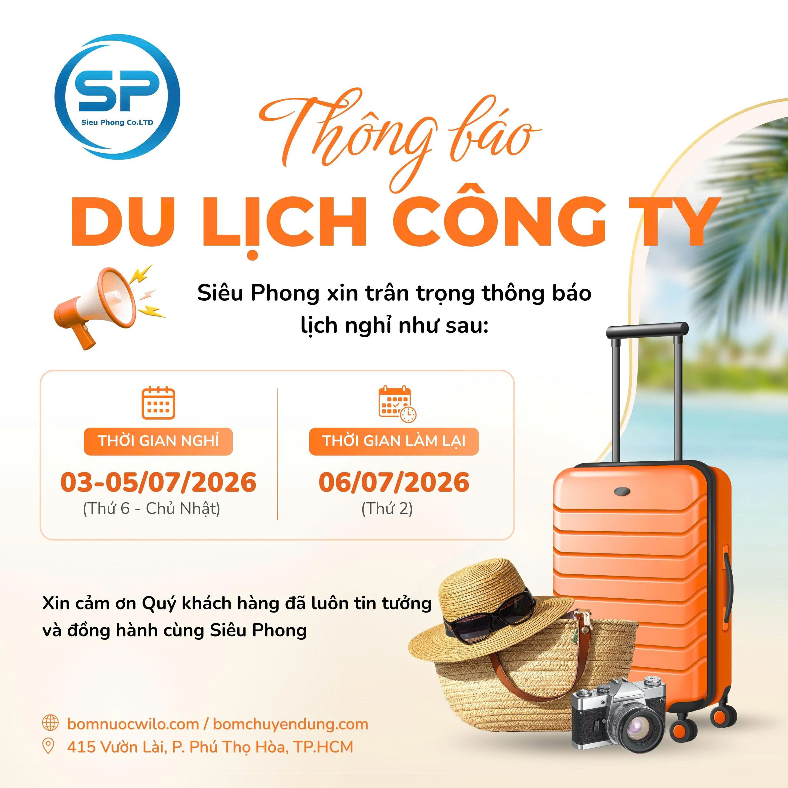 Thông báo lịch nghỉ du lịch thường niên Siêu Phong 2026